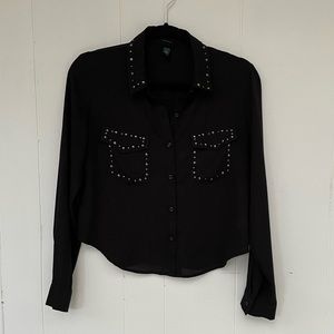 Wild Fable Sheer Studded Black Button Up Cropped Collared Shirt Blouse Top XS